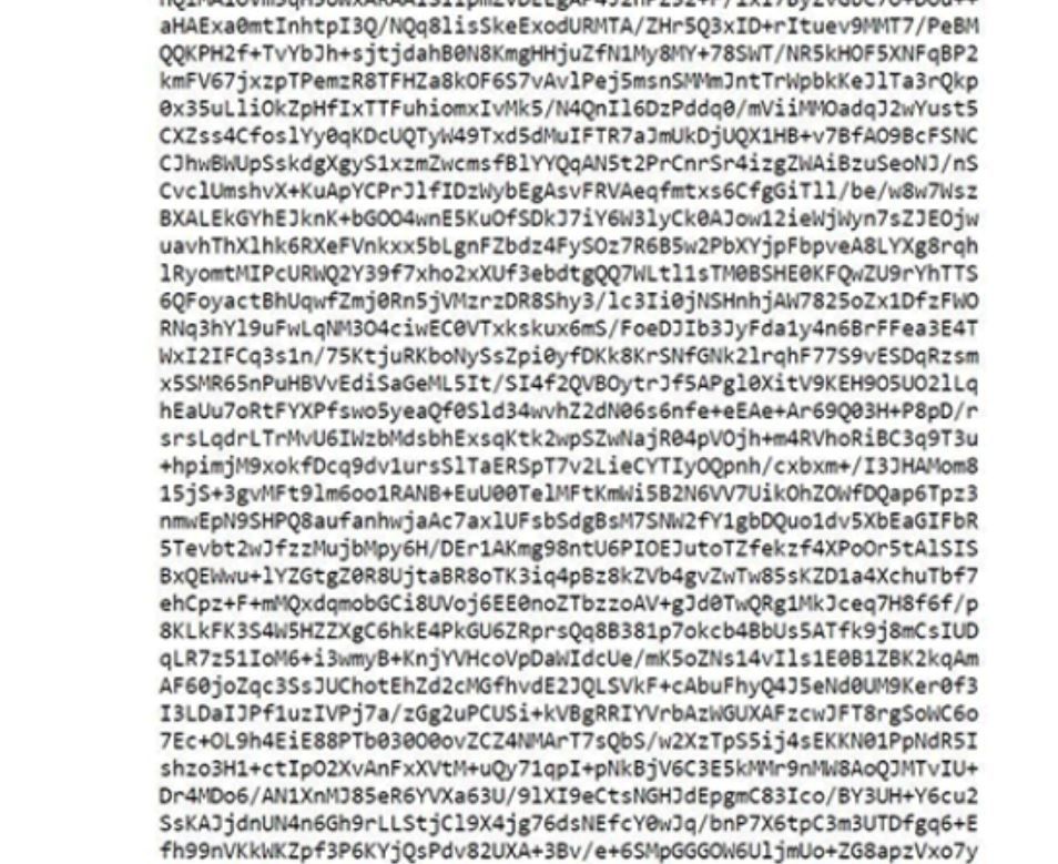 A dense block of PGP-encrypted text: rows of letters, numbers and symbols with no visible structure or meaning
